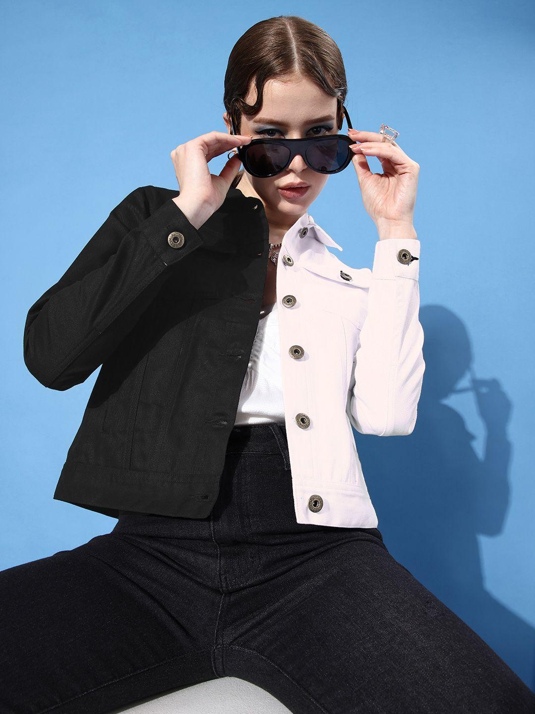 style quotient women black & white colourblocked denim jacket