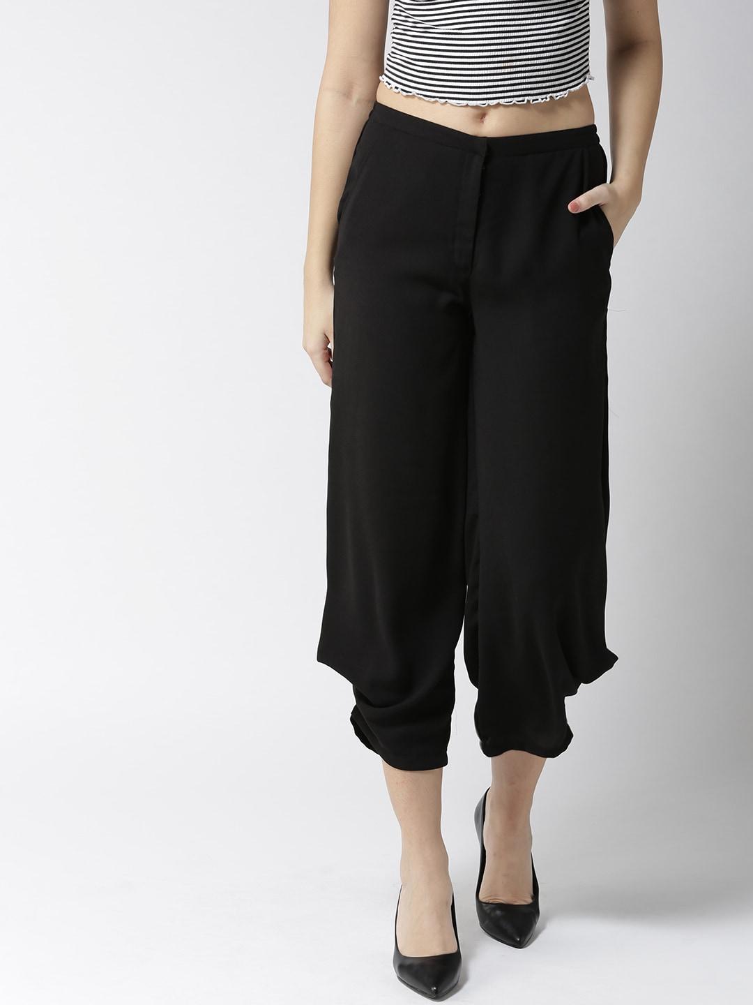 style quotient women black tailored loose fit solid cropped regular trousers