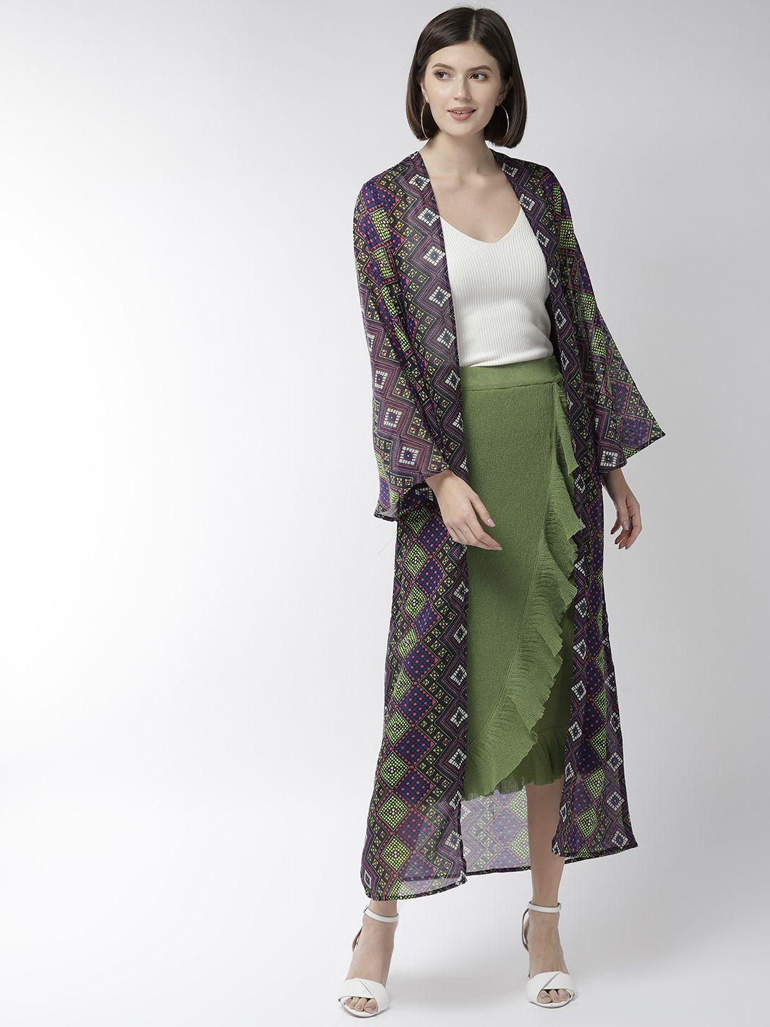 style quotient women blue & green printed open front shrug