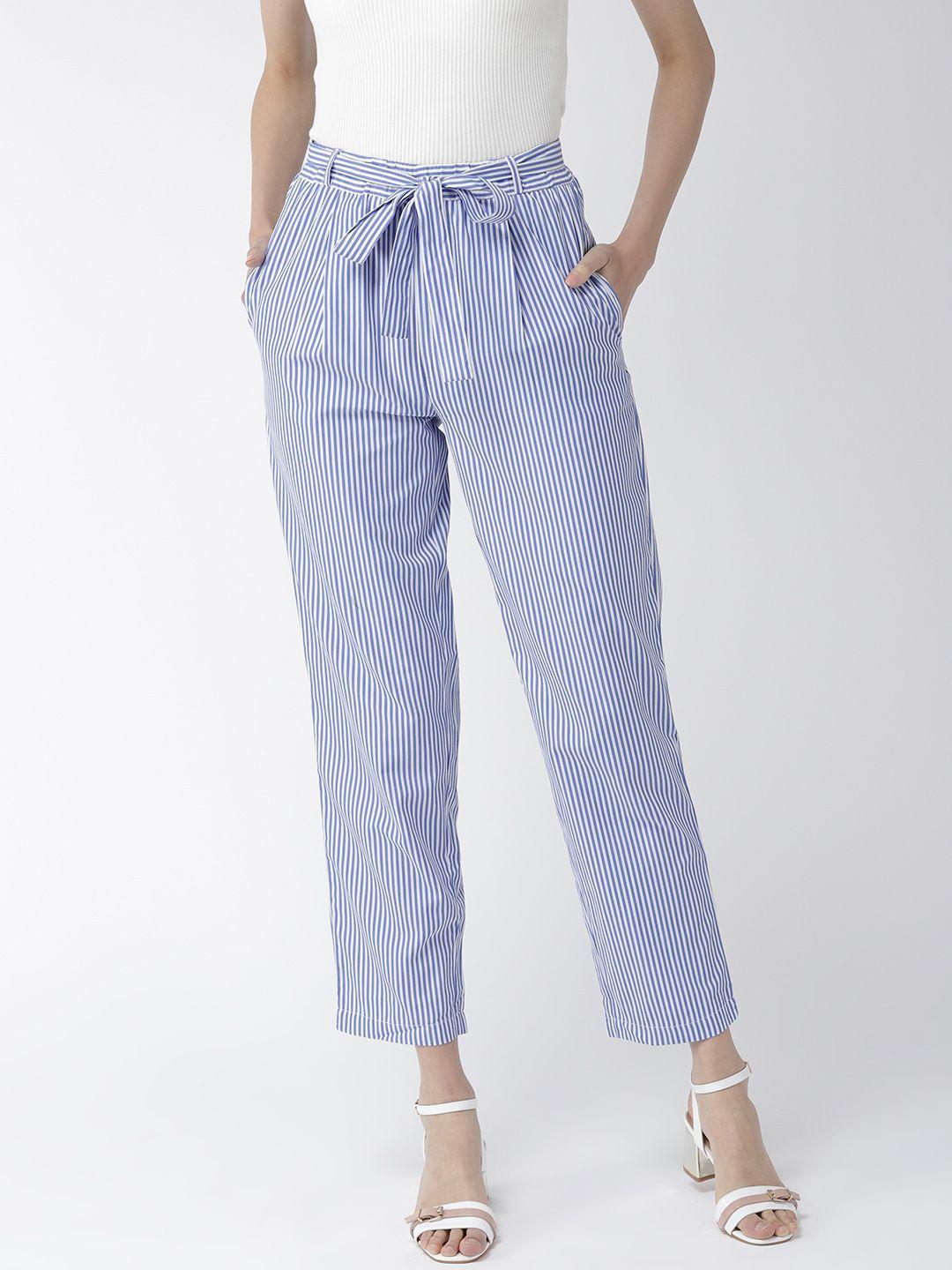 style quotient women blue & white original tapered fit striped cropped trousers