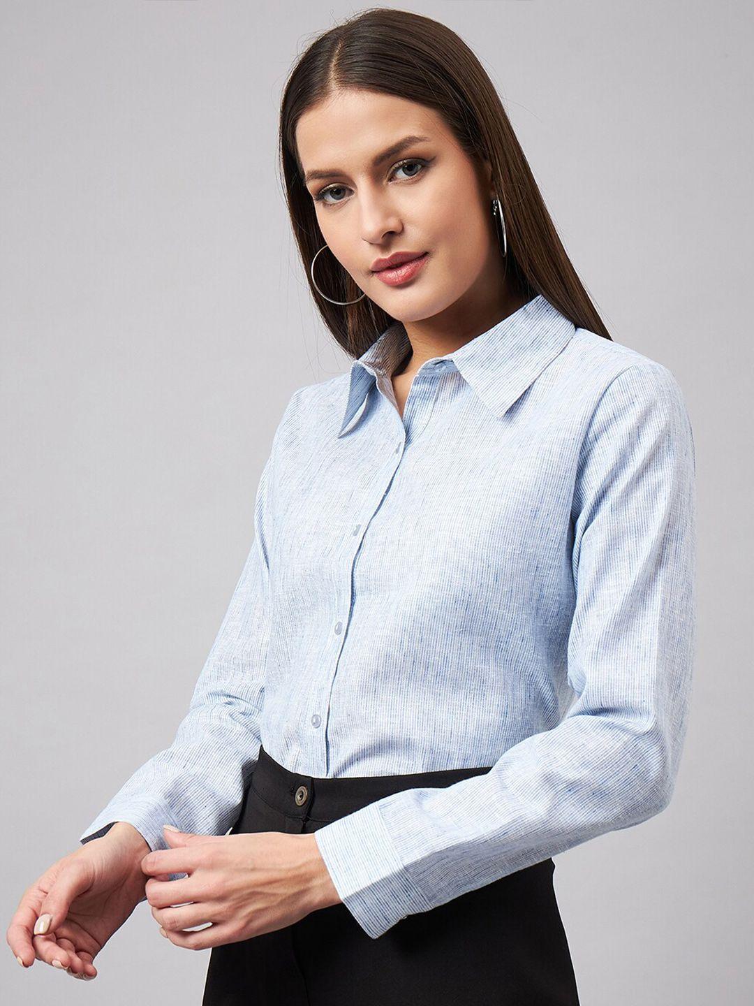 style quotient women blue smart pinstripes opaque formal shirt