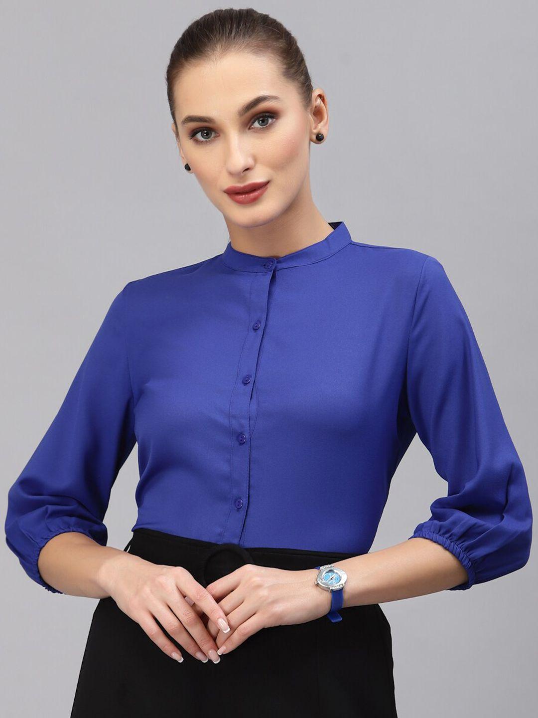 style quotient women blue solid smart casual shirt