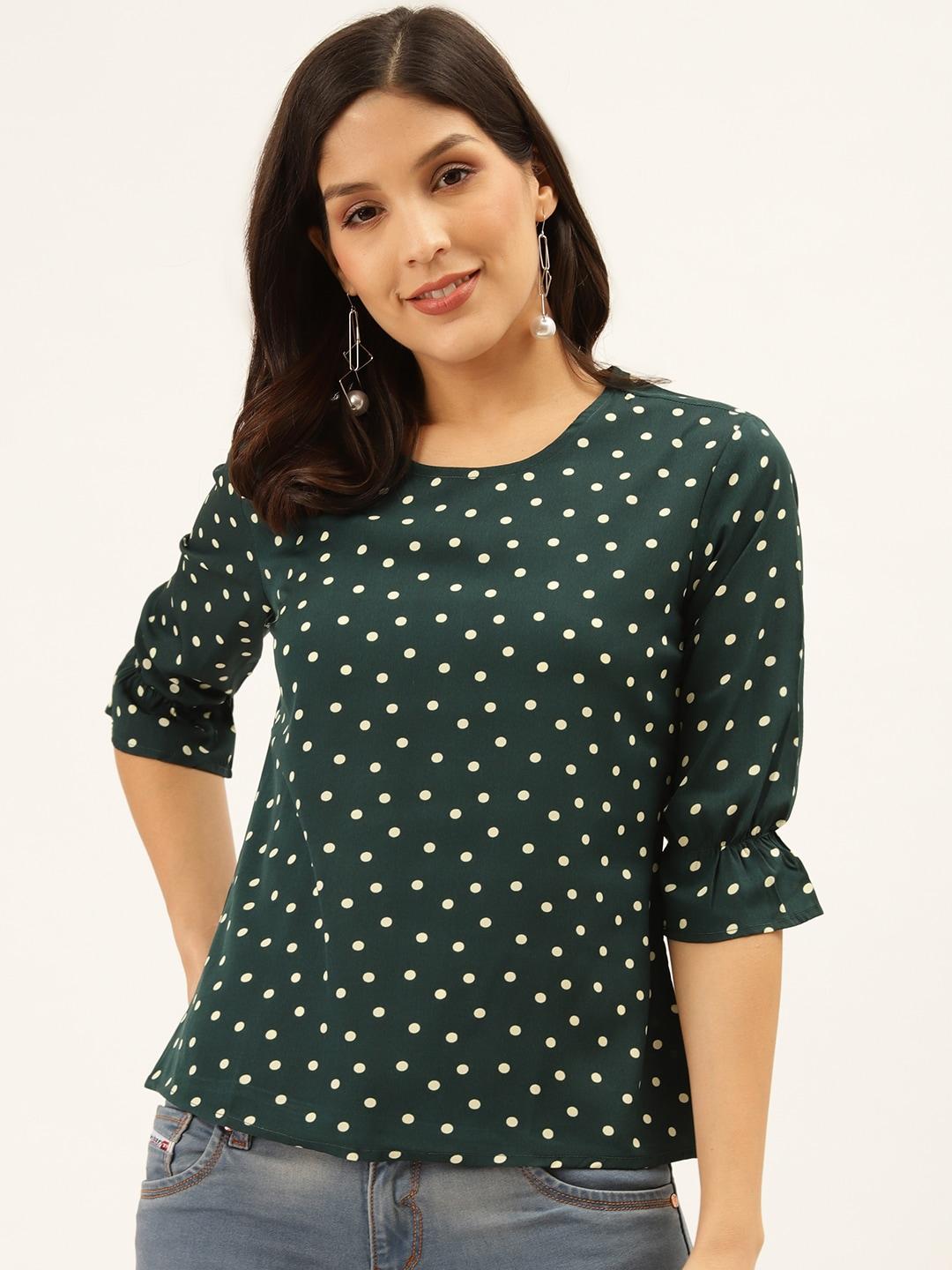 style quotient women green & white polka dot print regular top