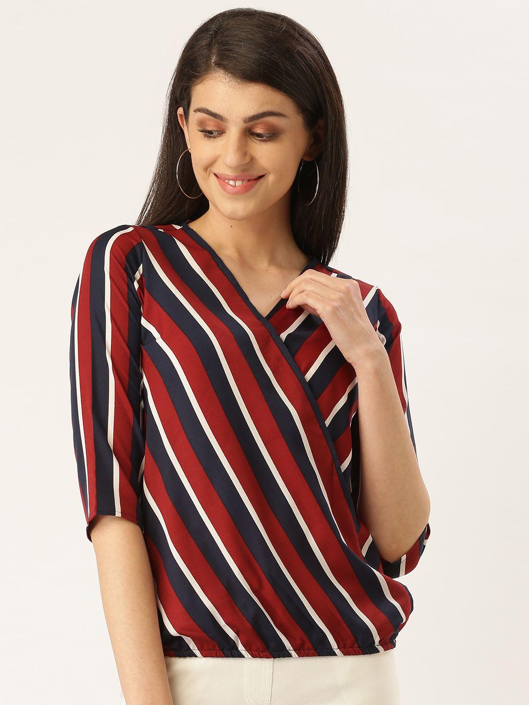 style quotient women maroon & navy blue striped blouson top