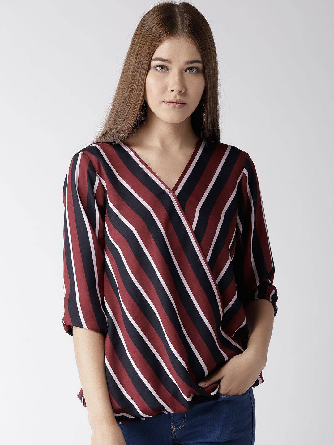 style quotient women maroon & navy striped wrap top