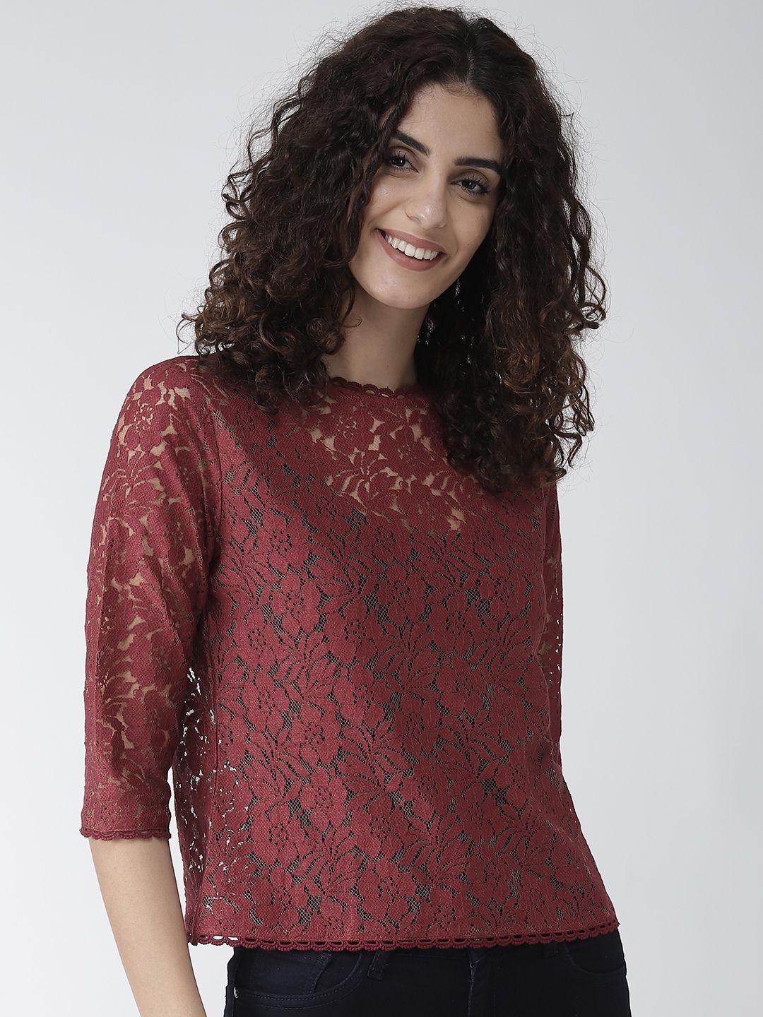 style quotient women maroon semi-sheer lace top