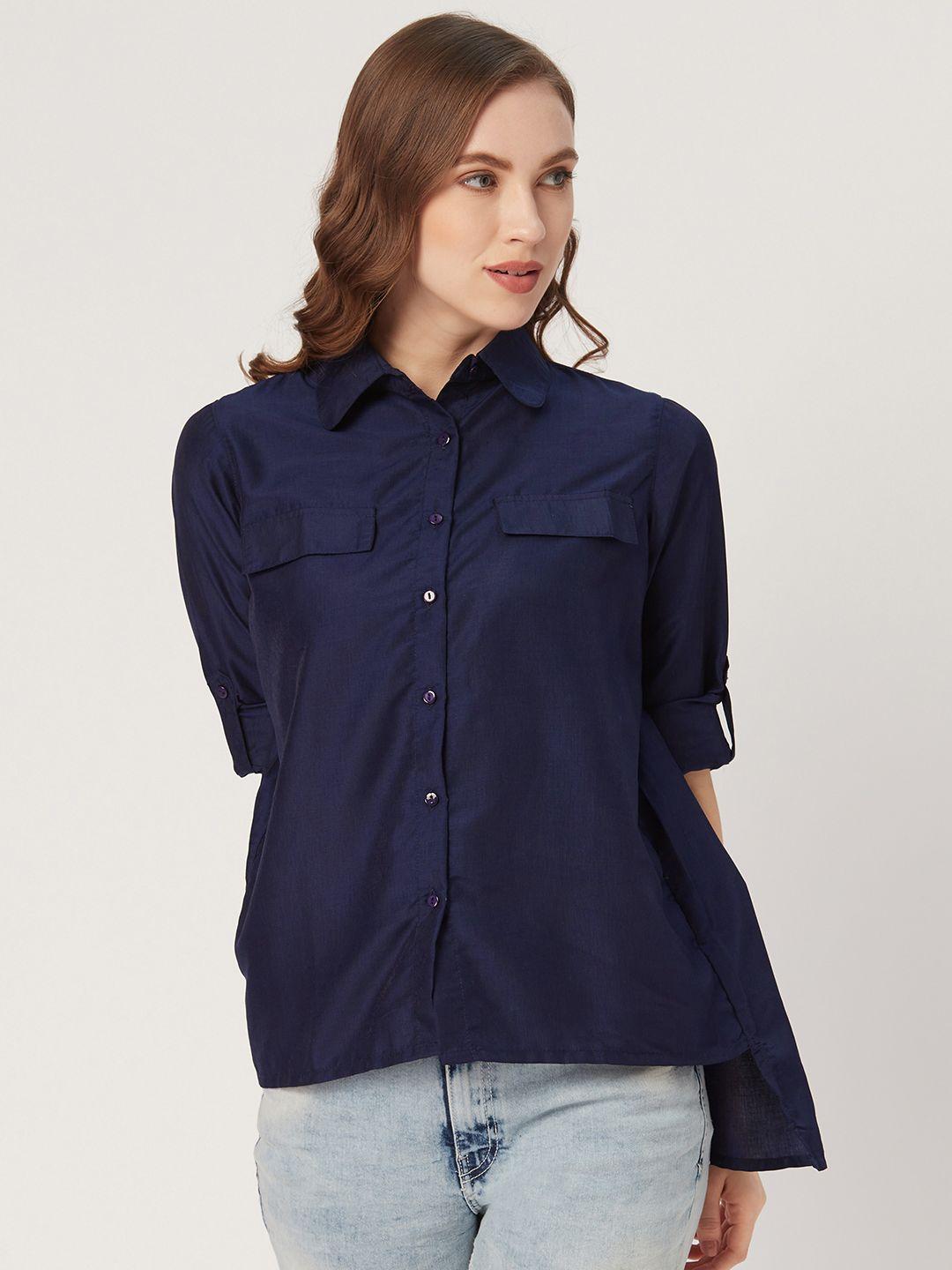 style quotient women navy blue classic regular fit solid casual shirt