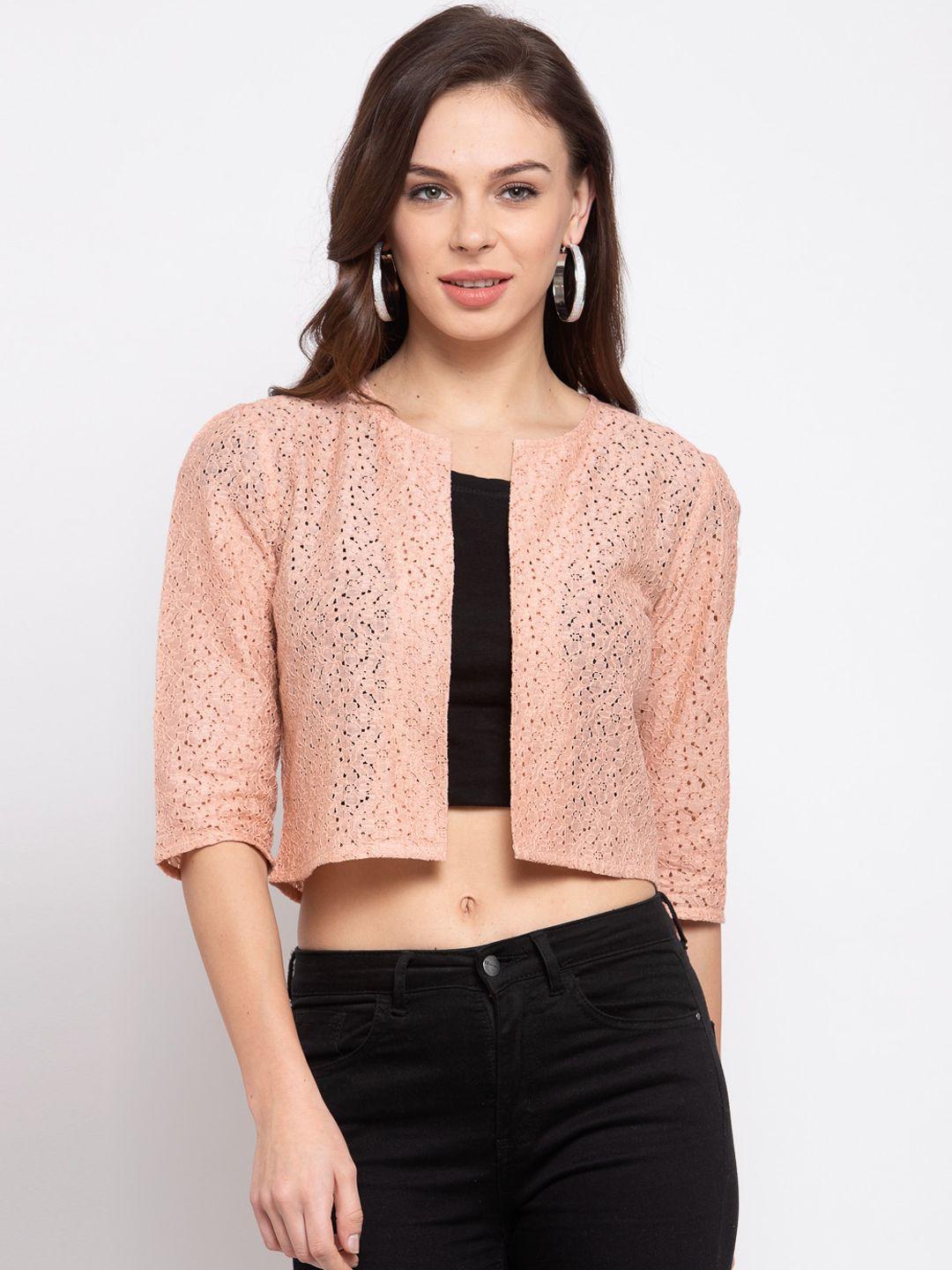 style quotient women nude-coloured self design open front cropped shrug