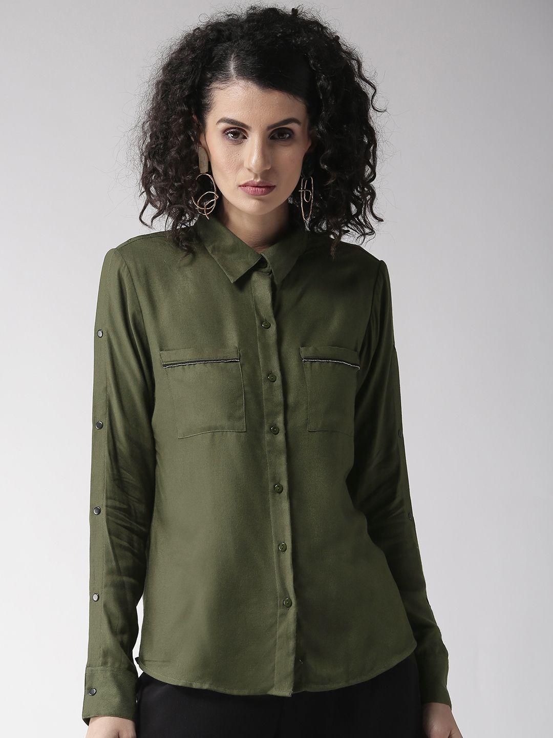 style quotient women olive green regular fit solid casual shirt