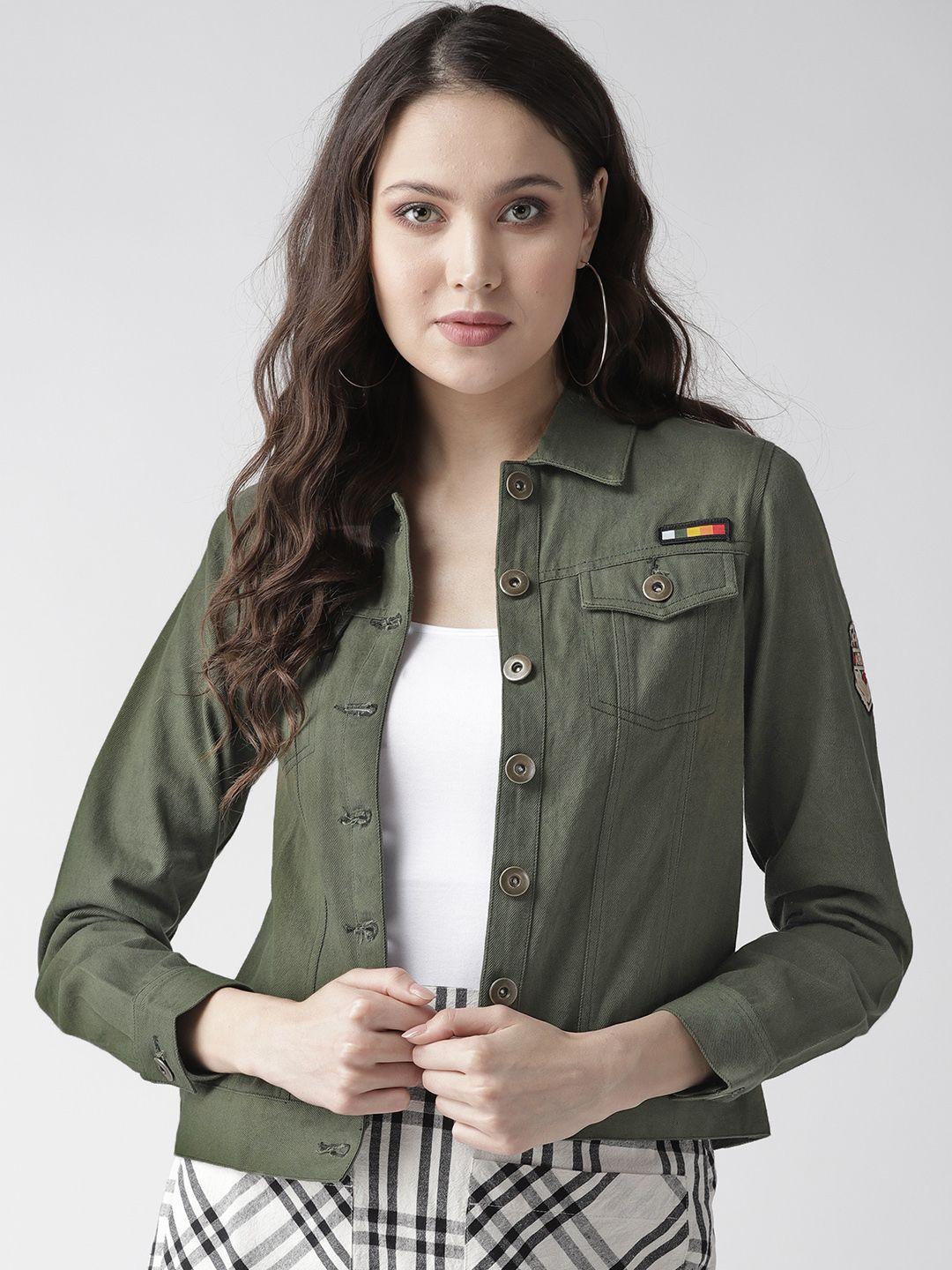 style quotient women olive green solid denim jacket