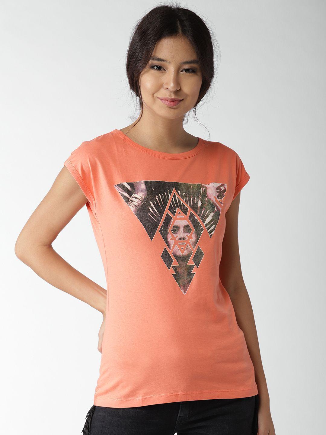 style quotient women orange printed round neck t-shirt