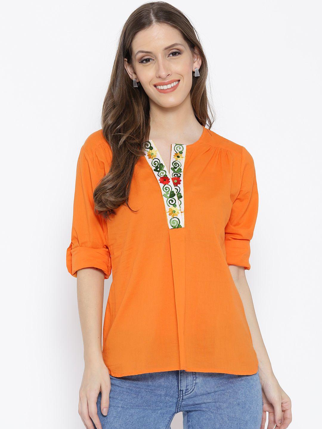 style quotient women orange solid pure cotton top