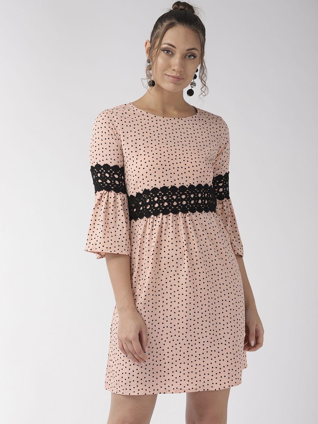 style quotient women peach coloured & black printed a-line dress
