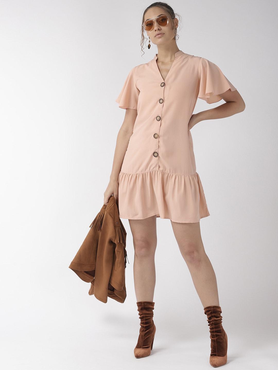 style quotient women peach coloured solid a-line dress