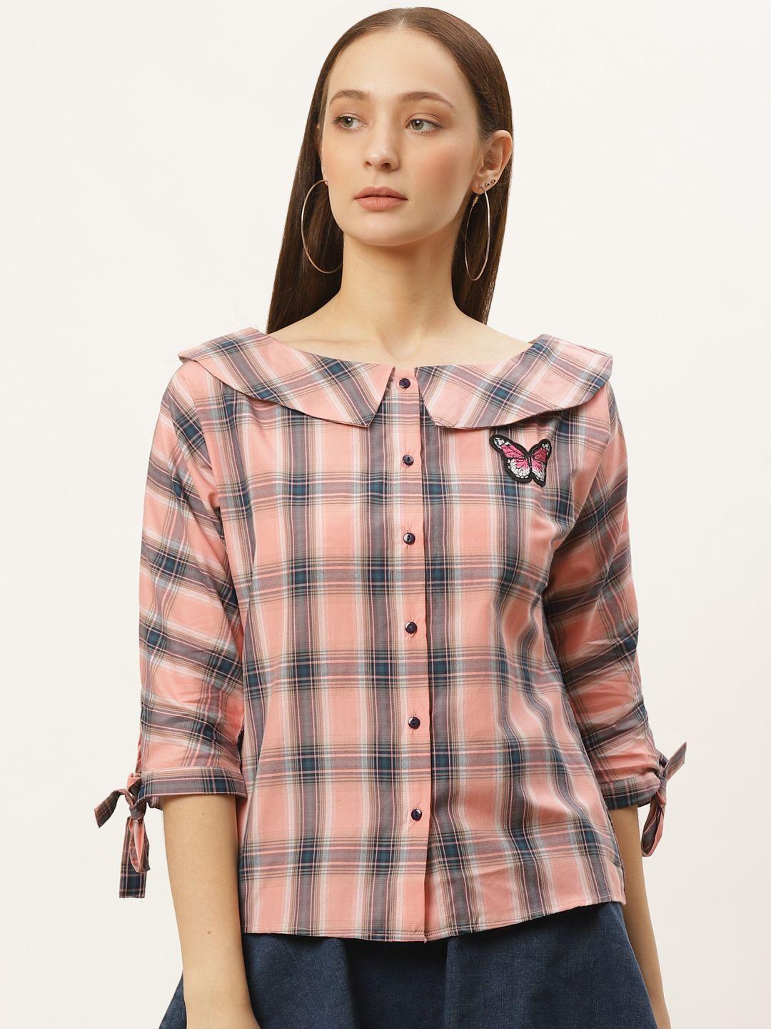 style quotient women peach-coloured checked pure cotton top
