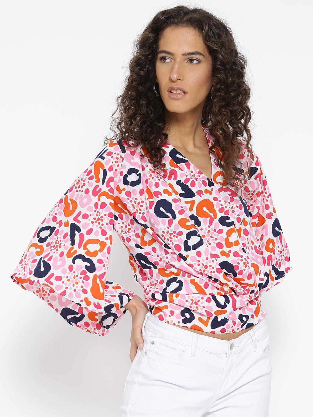 style quotient women pink & navy printed wrap top