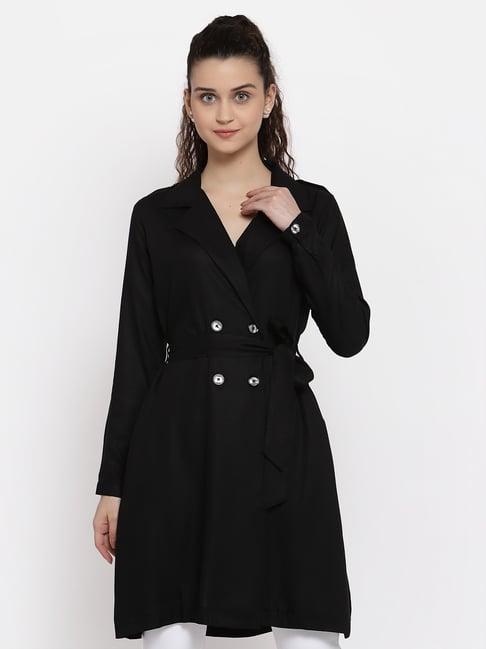 style quotient women solid black viscose rayon smart casual trench coat
