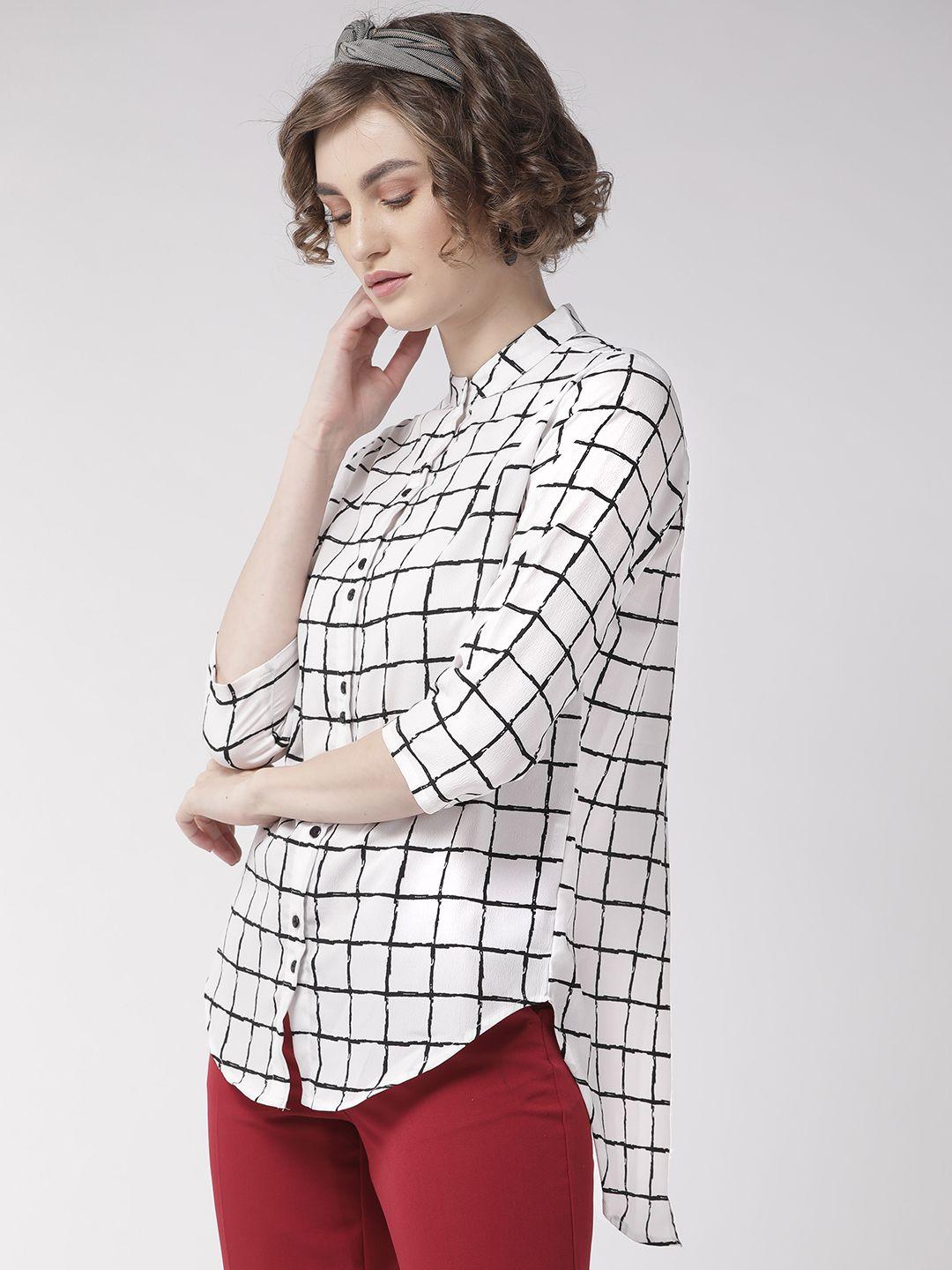 style quotient women white & black regular fit checked casual shirt