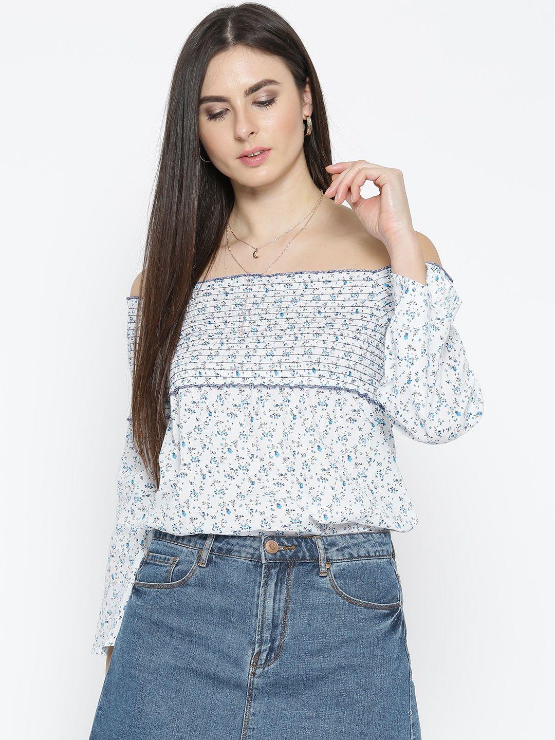 style quotient women white & blue printed bardot top