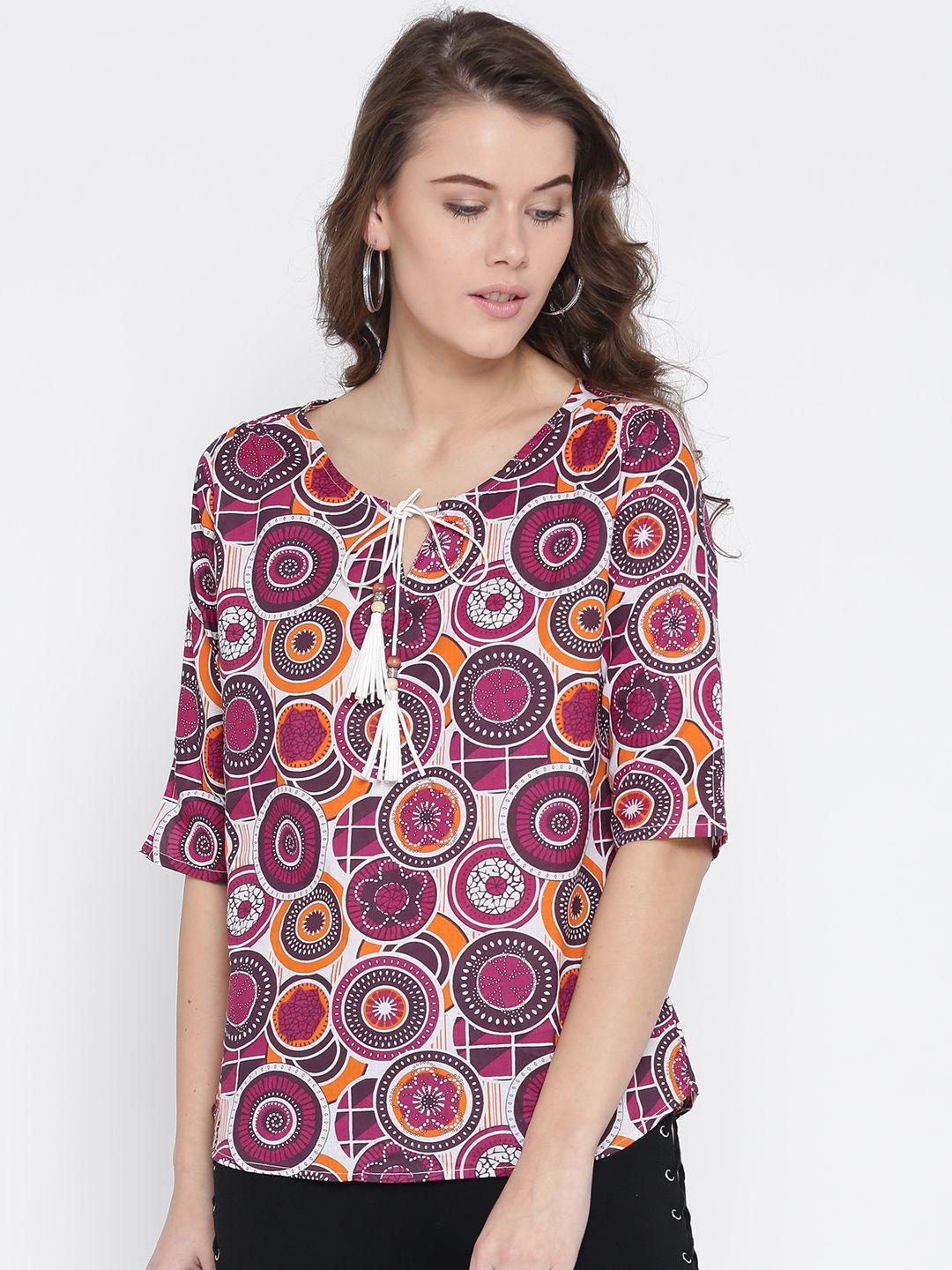 style quotient women white & magenta printed pure cotton top