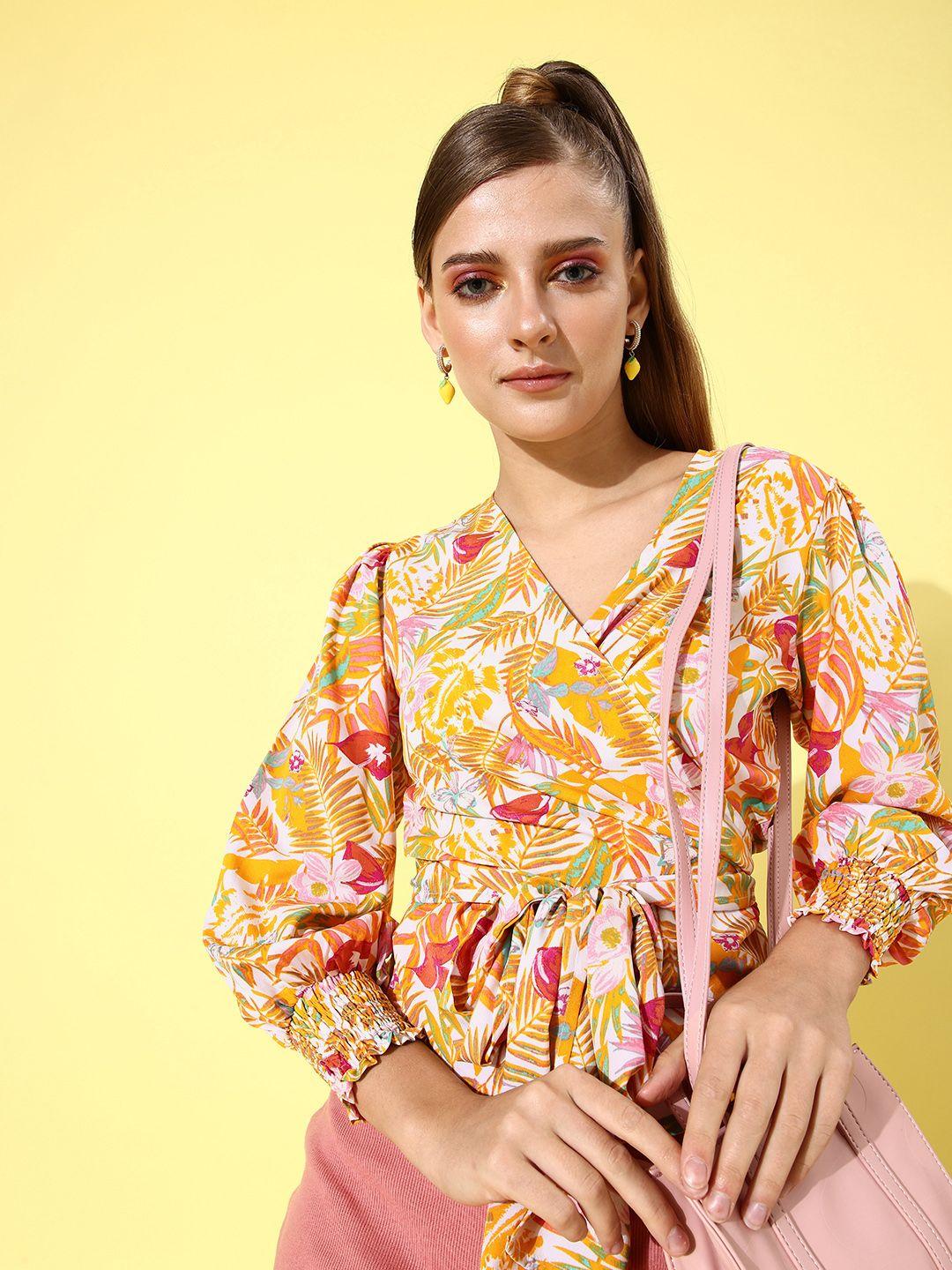 style quotient women white & mustard yellow tropical print wrap top