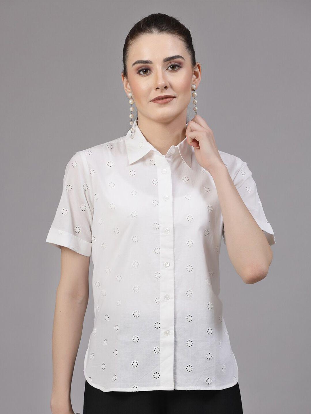 style quotient women white relaxed semi sheer printed casual shirt