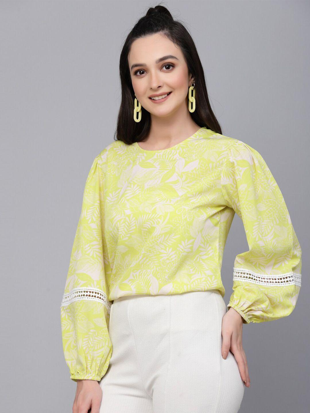 style quotient yellow & white tropical printed puff sleeve top
