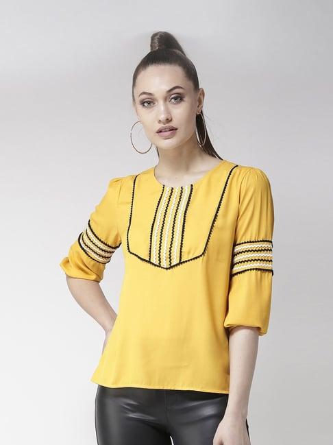 style quotient yellow lace pattern top