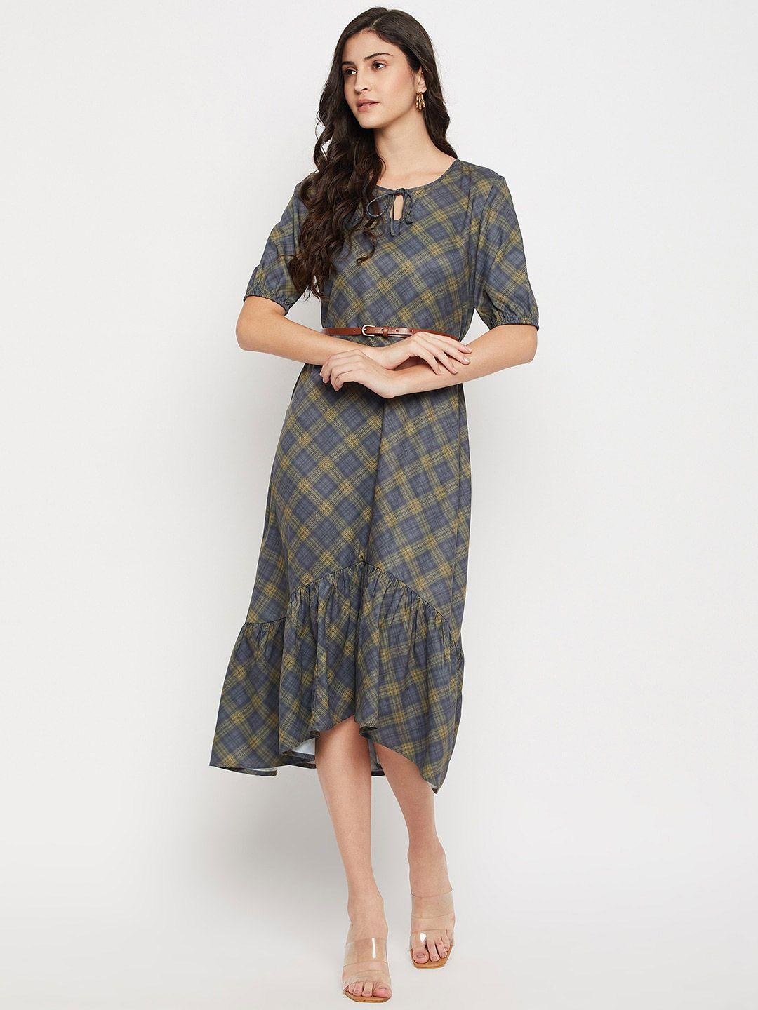 style blush checked belted detailed keyhole neck a-line dress