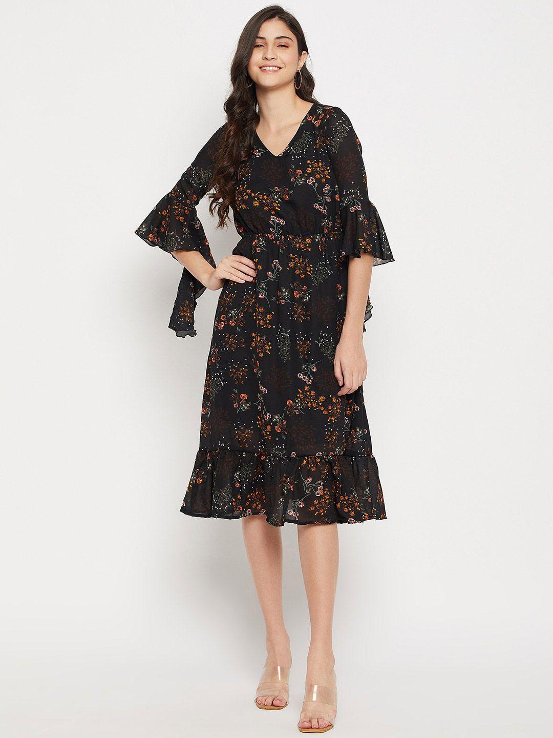 style blush floral print bell sleeve ruffled georgette a-line midi dress