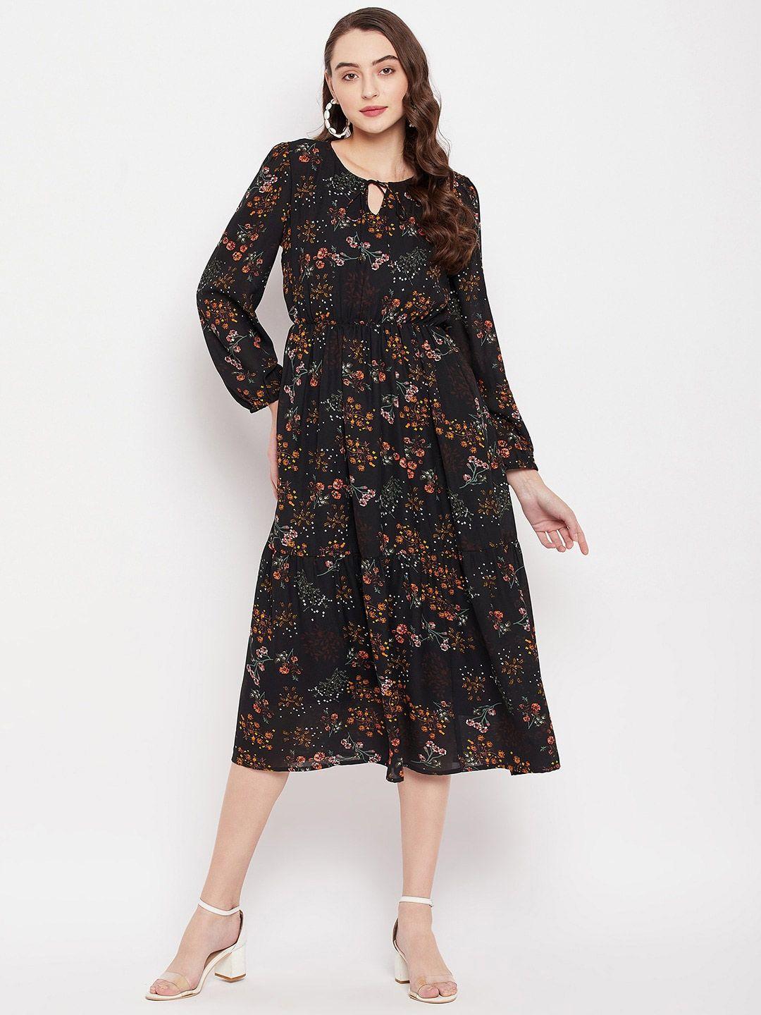 style blush floral print keyhole neck puff sleeves a-line dress