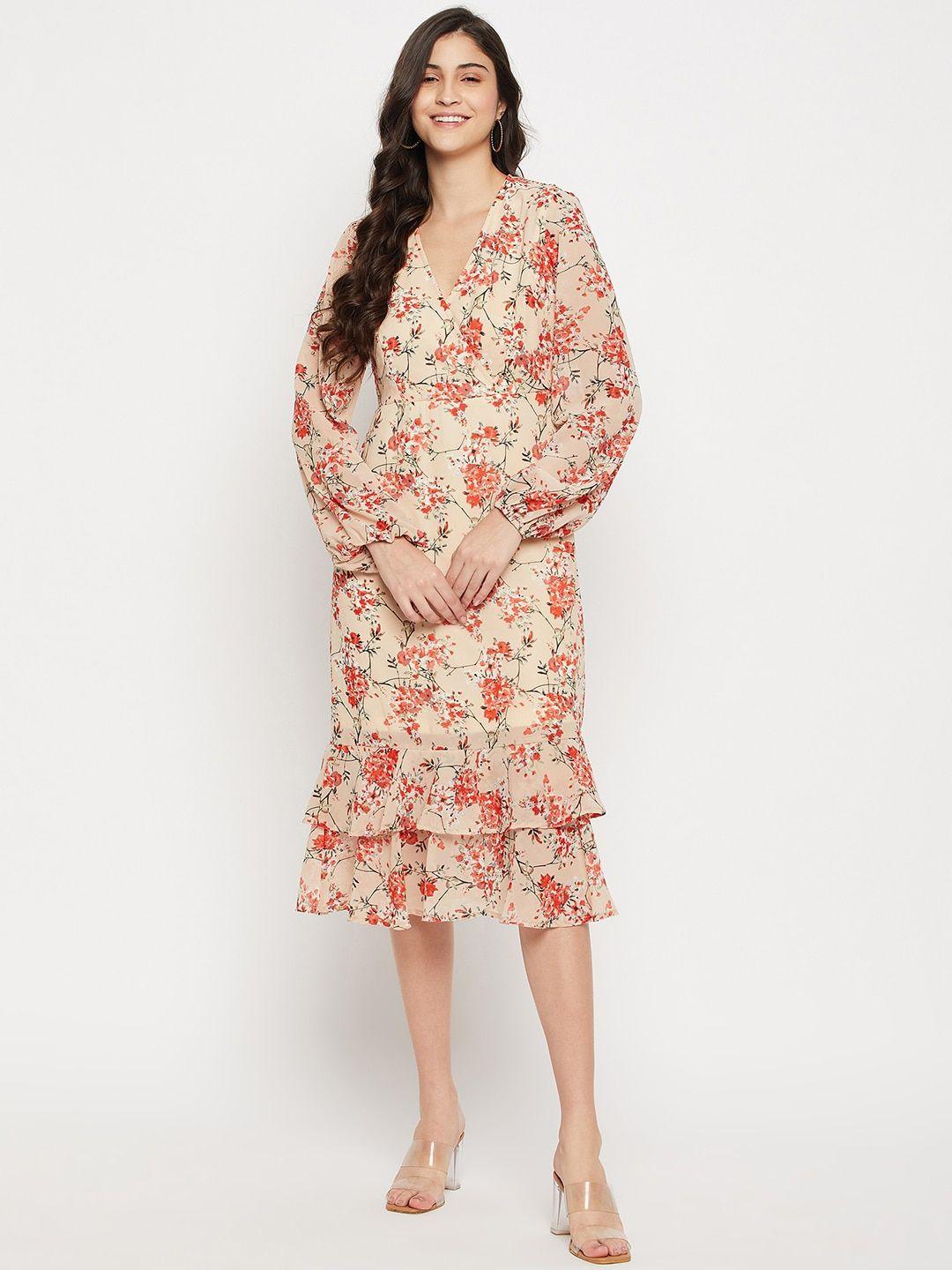 style blush floral printed puff sleeve ruffled fit and flare midi dress