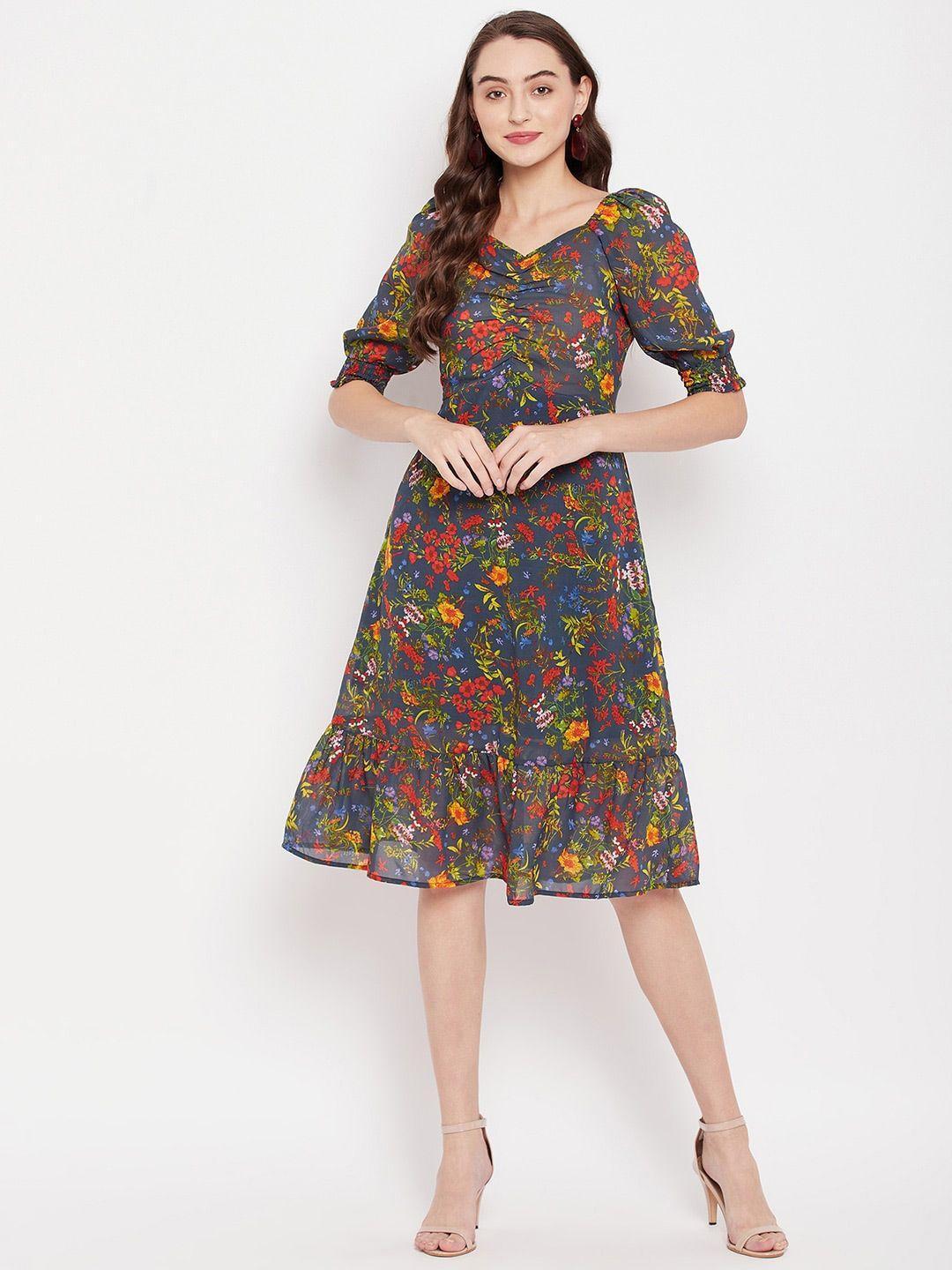 style blush floral printed puff sleeves gathered ruched a-line dress