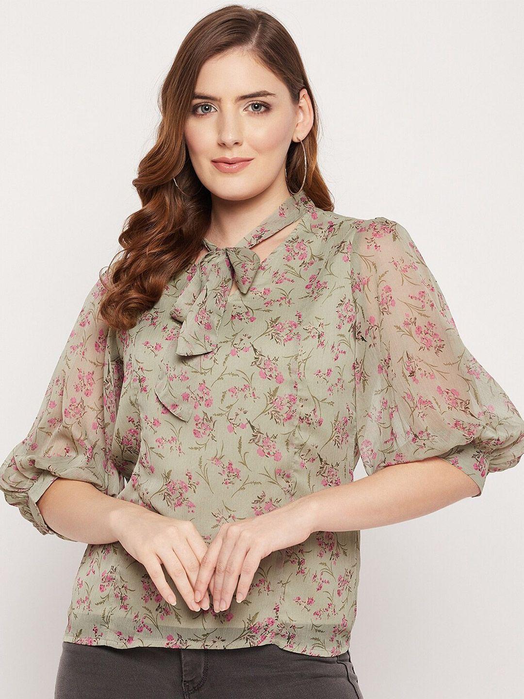 style blush floral printed tie-up neck puff sleeves  top