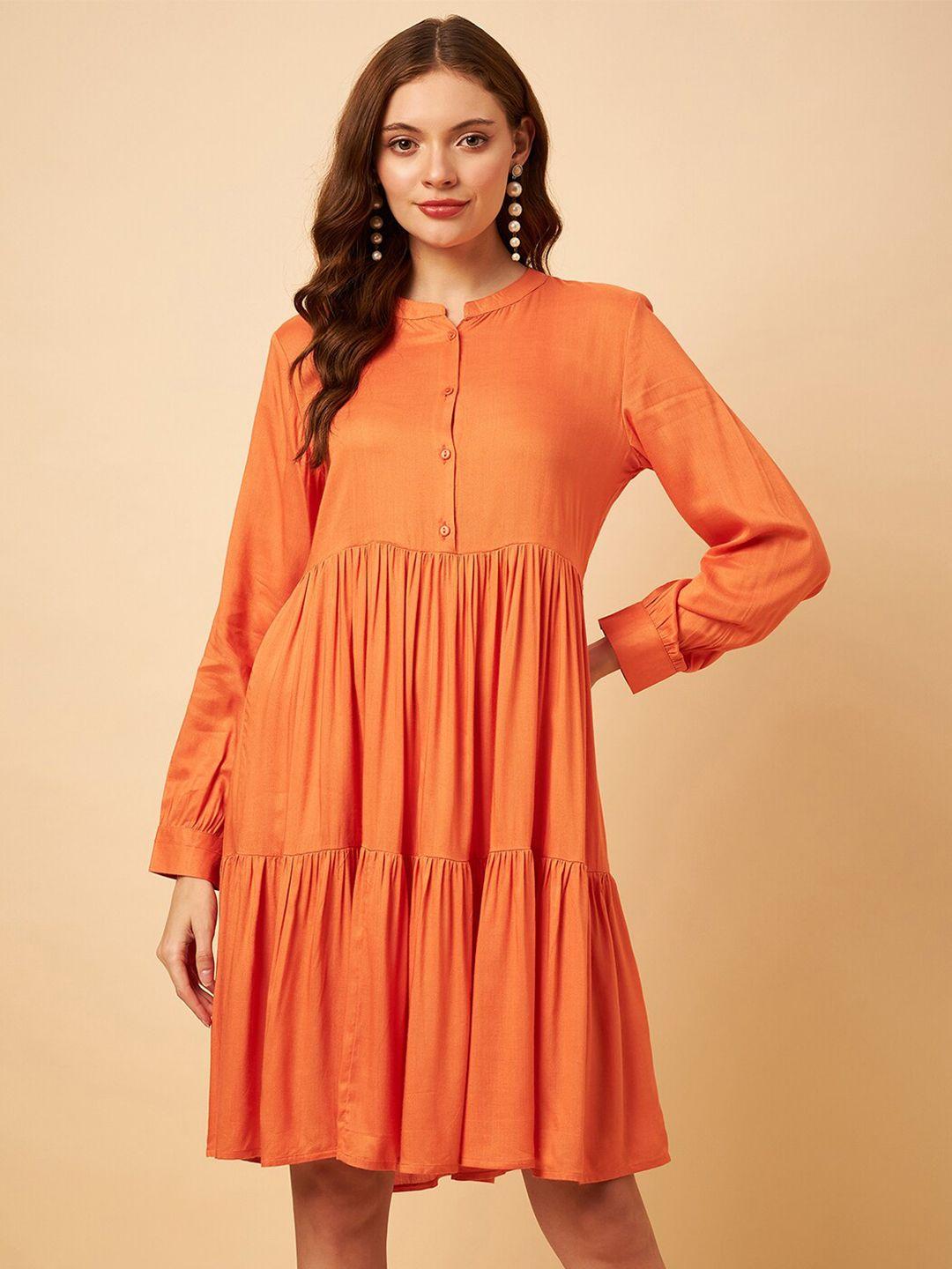 style blush mandarin collar tiered gathered fit and flare dress