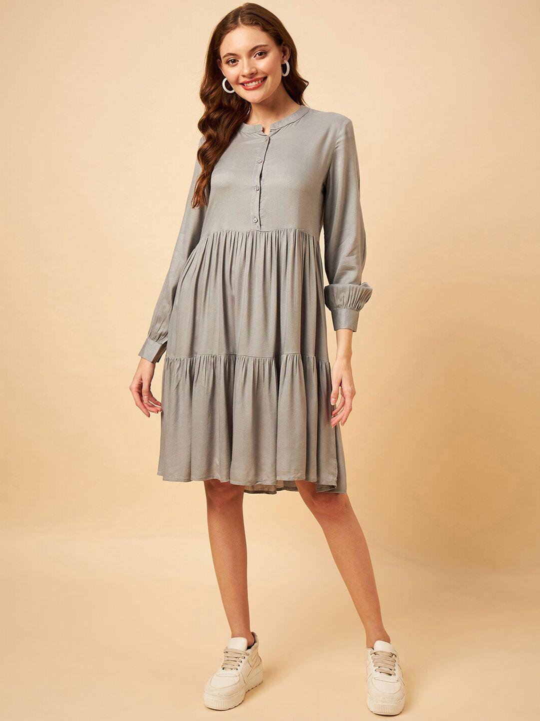 style blush mandarin collar tiered gathered fit and flare dress