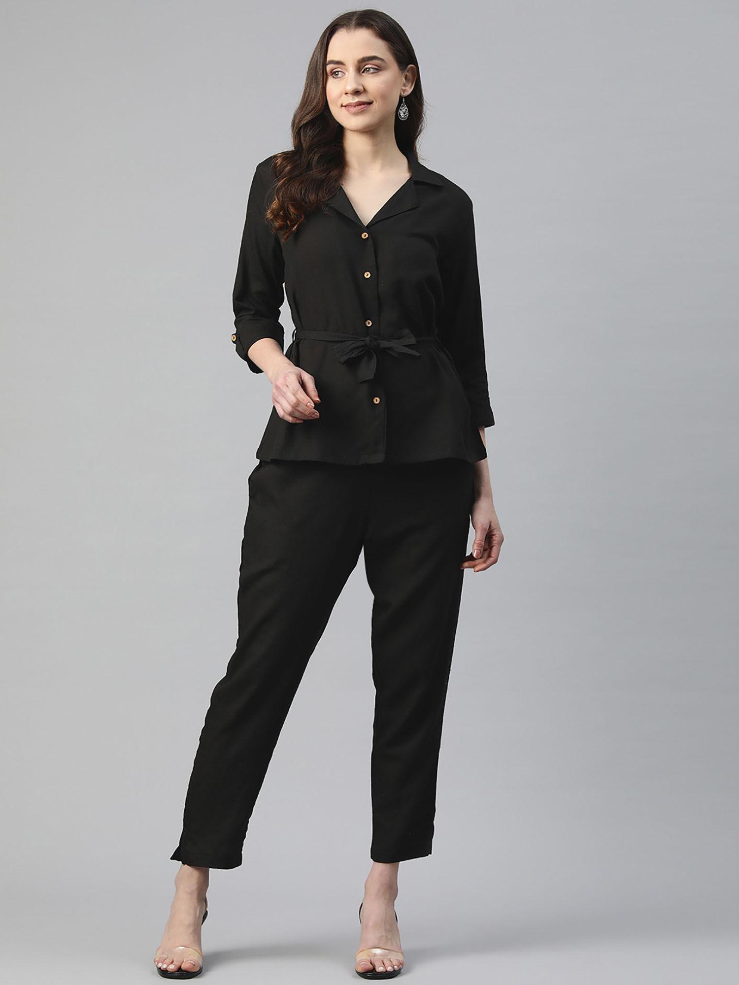 style cotton fabric black shirt with pant (set of 3)