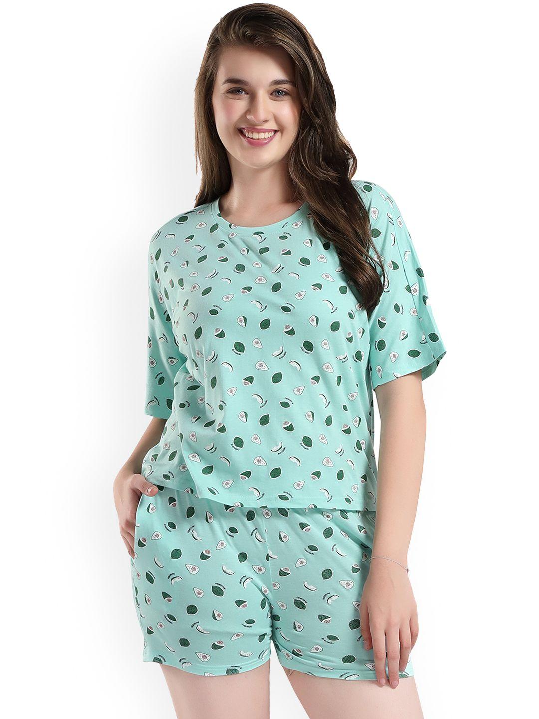 style dunes women sea green & white printed pure cotton night suit