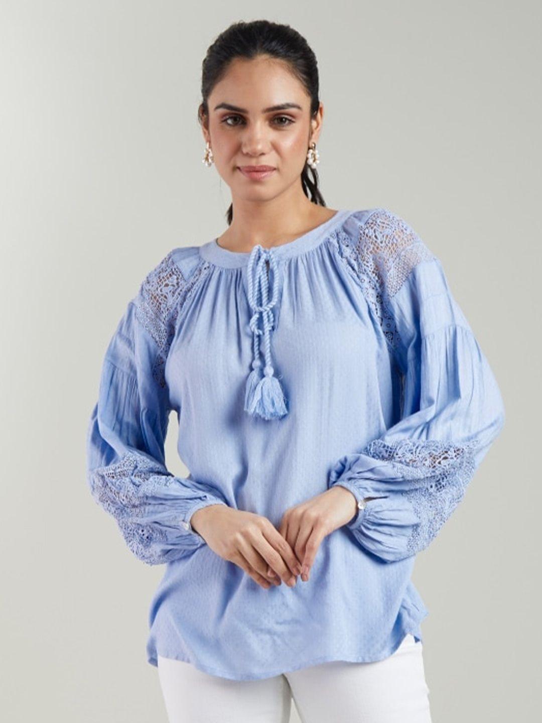 style island blue striped tie-up neck puff sleeve bohemian top