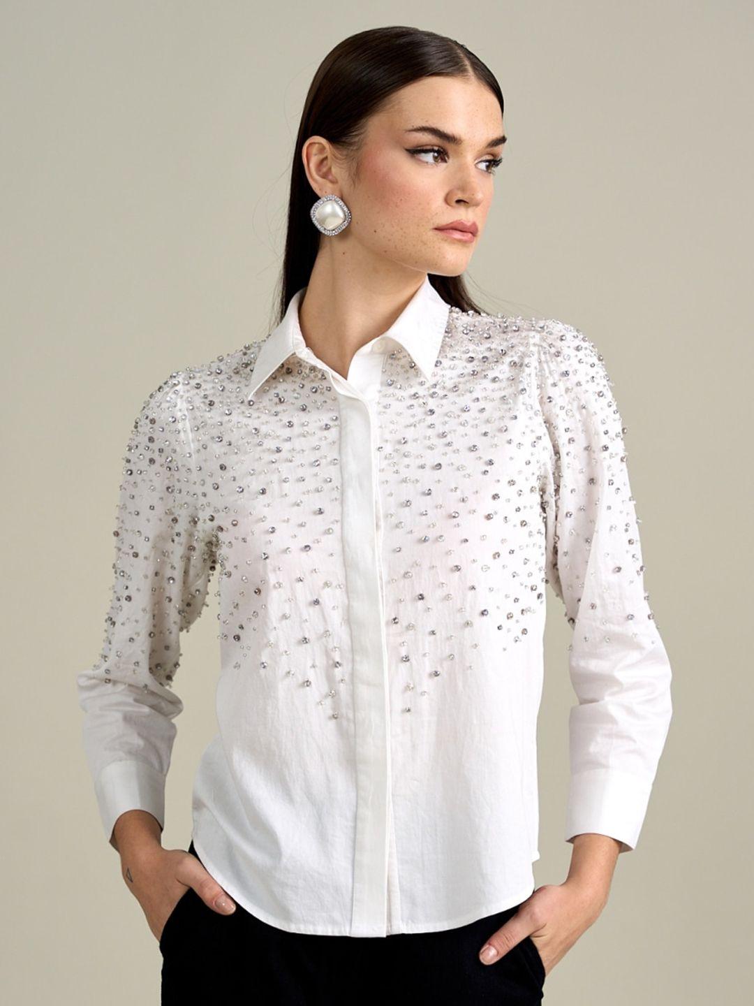 style island embellished cotton shirt style top