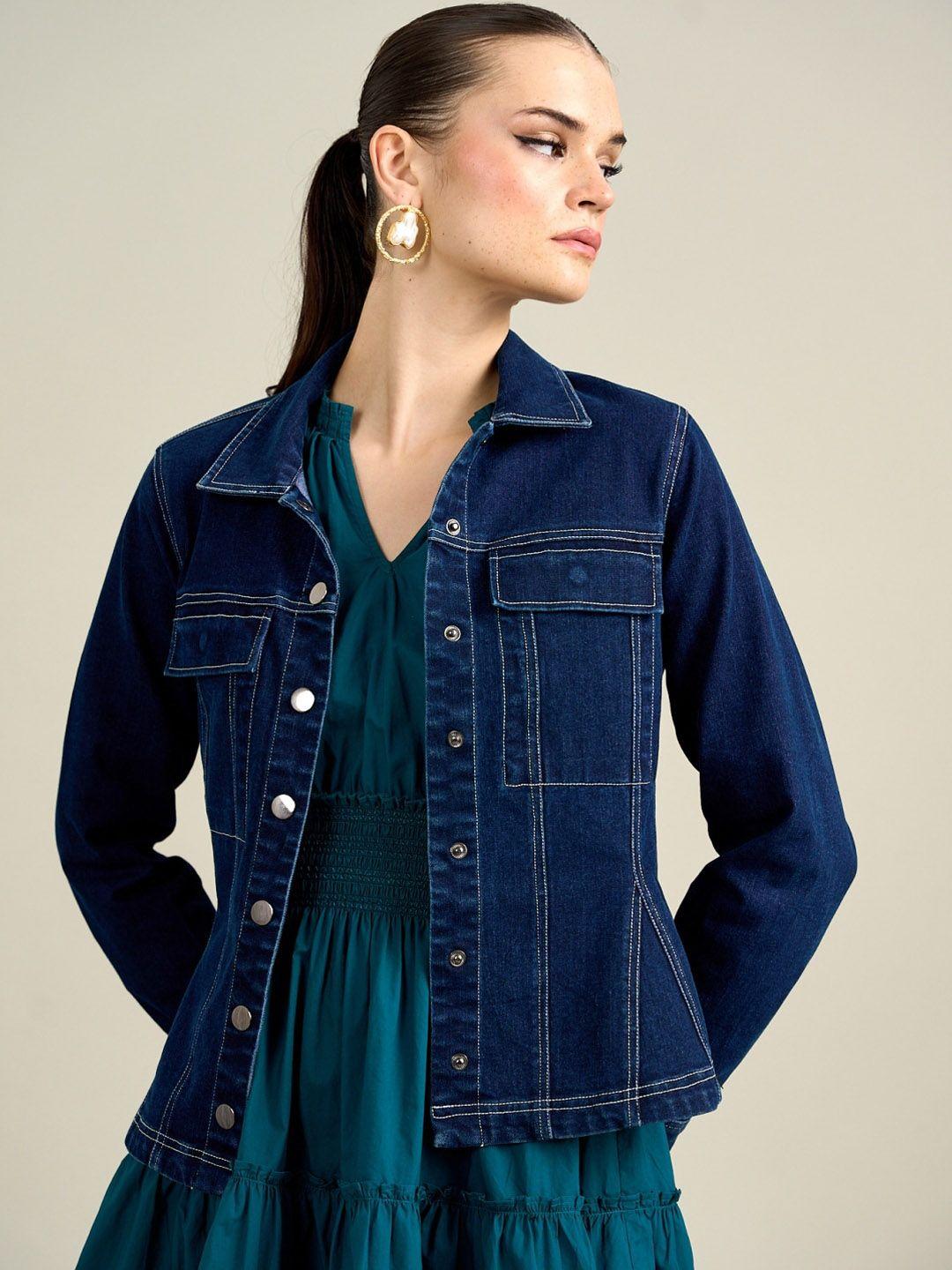 style island embroidered spread collar long sleeves denim jacket