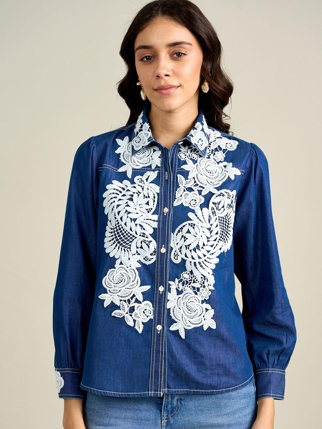 style island ethnic motifs embroidered shirt collar bohemian denim shirt style top