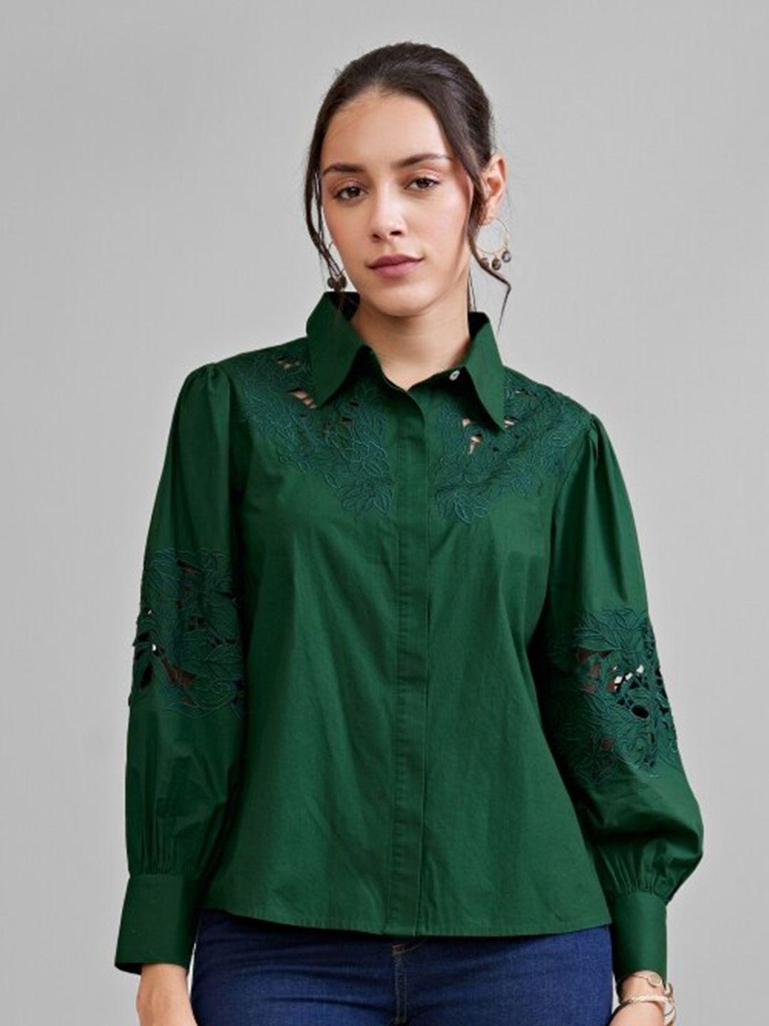 style island floral embroidered puff sleeves cotton shirt