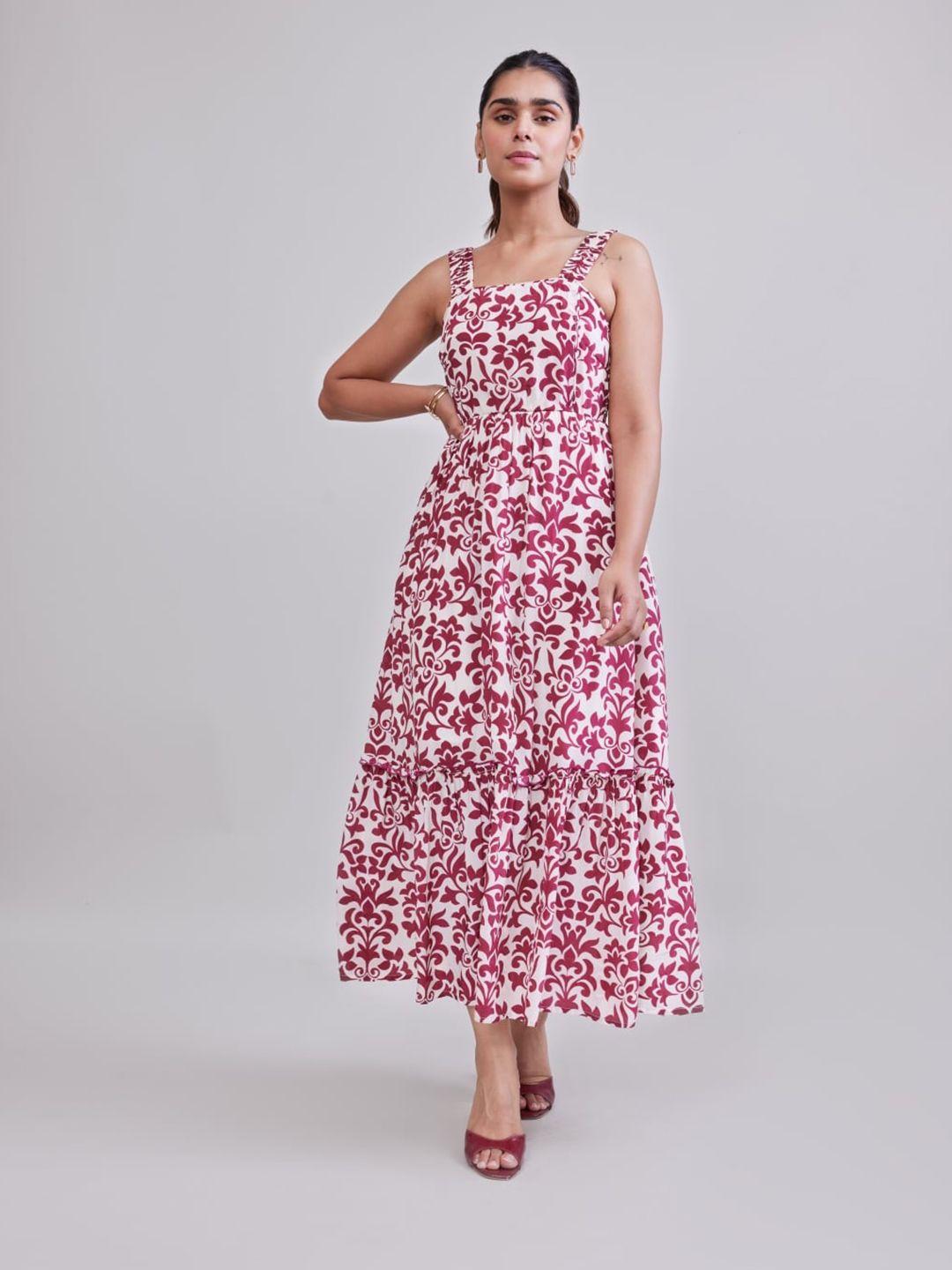 style island floral printed shoulder straps smocked & gathered fit & flare dress