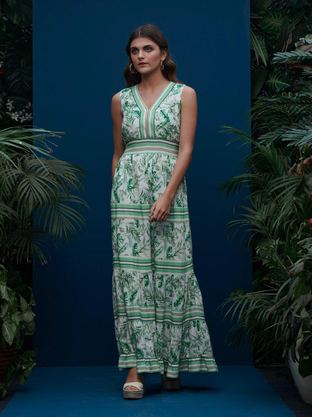style island green & white tropical maxi dress