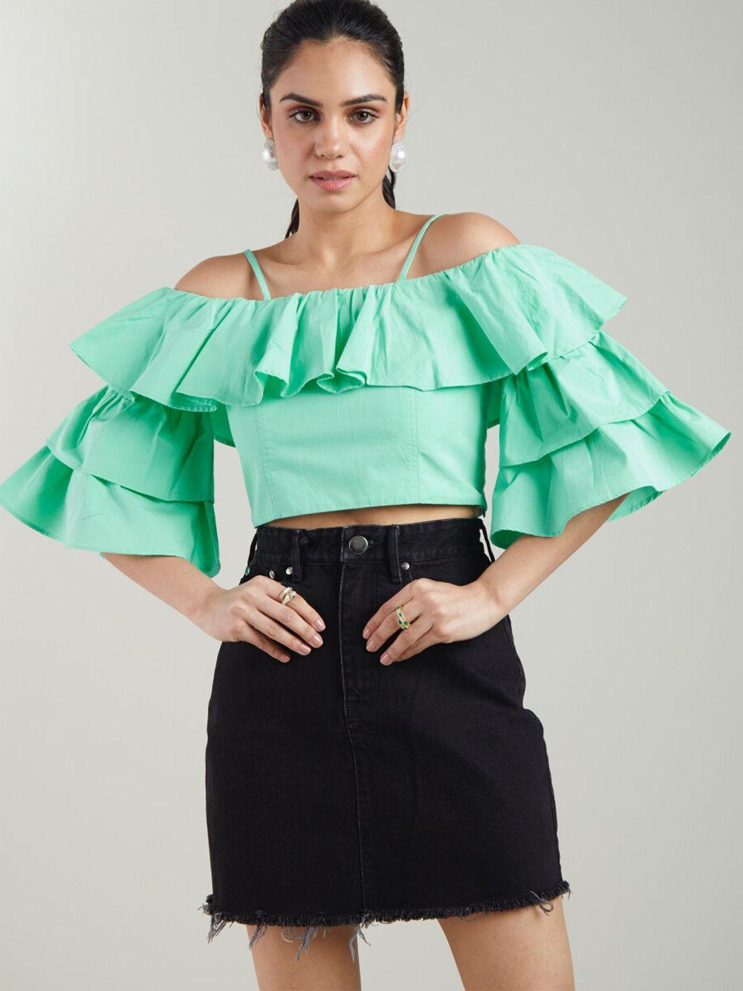 style island green off-shoulder flutter sleeve ruffles bohemian cotton crop top