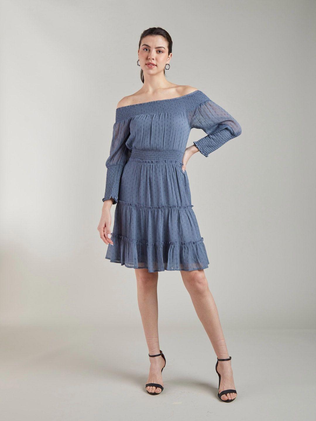 style island grey off-shoulder bell sleeve fit & flare dress