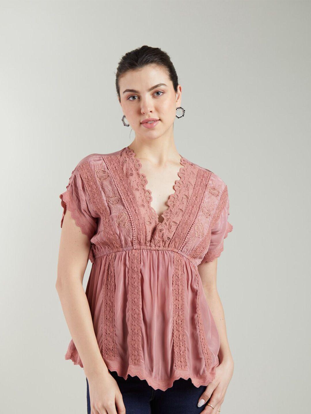 style island pink checked extended sleeves lace top
