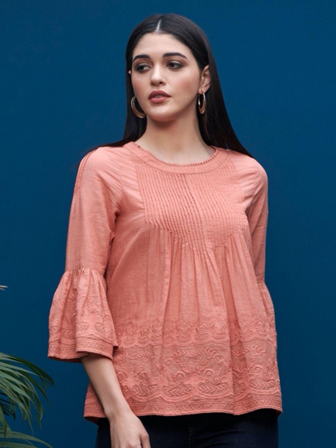 style island round neck embroidered cotton top