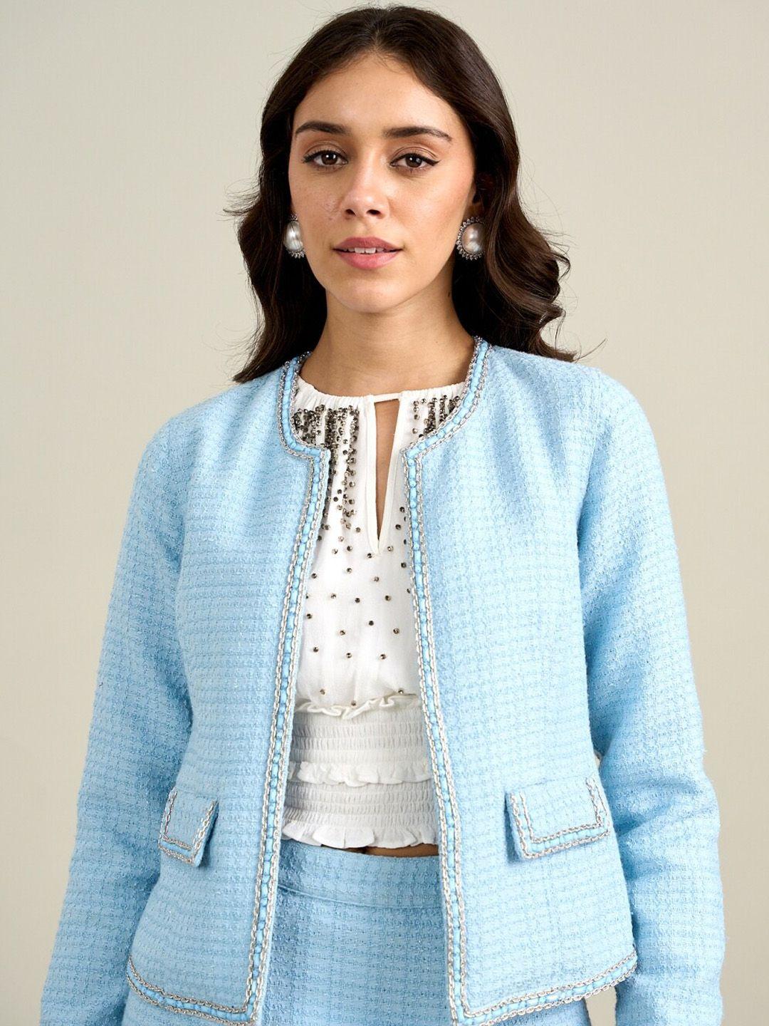 style island self design embroidered millie tweed open front jacket